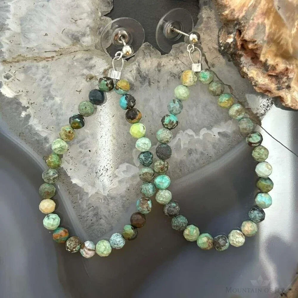 Sterling Silver Faceted Hubei Turquoise Beads Hoop Earrings For Women